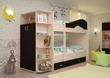 Двухэтажная кровать Мая на щитах со шкафом и ящиками, корпус Млечный дуб, фасад Венге в Ижевске