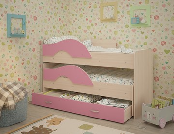 Детская двухэтажная кровать ТМК Радуга 1.6 с ящиком, корпус Млечный дуб, фасад Розовый в Ижевске