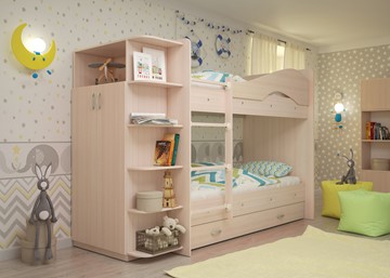 Детская 2-х ярусная кровать Мая на щитах со шкафом и ящиками, цвет Млечный дуб в Ижевске - предосмотр
