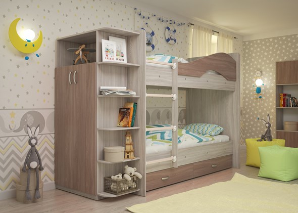 Кровать двухъярусная Мая на щитах со шкафом и ящиками, корпус Шимо светлый, фасад Шимо темный в Ижевске - изображение