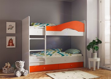 Двухэтажная детская кровать Мая с 2 ящиками на щитах, корпус Млечный дуб, фасад Оранжевый в Глазове - предосмотр