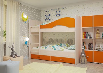 Двухэтажная детская кровать Мая с 2 ящиками на щитах, корпус Млечный дуб, фасад Оранжевый в Глазове - предосмотр 3