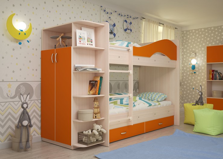 Двухэтажная детская кровать Мая с 2 ящиками на щитах, корпус Млечный дуб, фасад Оранжевый в Глазове - изображение 1