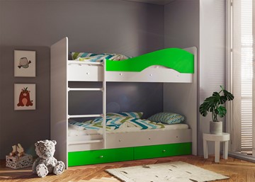Детская двухъярусная кровать Мая с 2 ящиками на щитах, корпус Млечный дуб, фасад Салатовый в Глазове