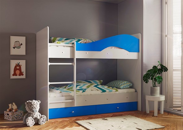 Кровать 2-ярусная Мая с 2 ящиками на щитах, корпус Млечный дуб, фасад Синий в Глазове - изображение