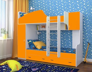 Двухэтажная детская кровать Юниор-2, каркас Белое дерево, фасад Оранжевый в Сарапуле