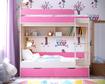 Двухъярусная детская кровать Юниор-5, каркас Дуб, фасад Розовый в Глазове