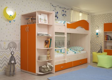 Детская 2-этажная кровать ТМК Мая на щитах со шкафом и ящиками, корпус Млечный дуб, фасад Оранжевый в Ижевске