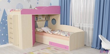 Кровать-чердак детская Ярофф Кадет-2 с металлической лестницей, корпус Дуб, фасад Розовый в Сарапуле