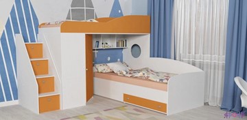 Детская кровать-чердак Кадет-2 с универсальной лестницей, корпус Белое дерево, фасад Оранжевый в Ижевске