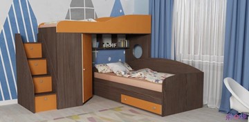 Детская кровать-шкаф Кадет-2 с универсальной лестницей, корпус Ясень анкор темный, фасад Оранжевый в Глазове