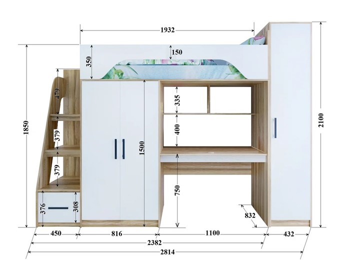 Кровать-чердак в детскую с шкафом Тея, каркас Ясень, фасад Белый в Глазове - изображение 2