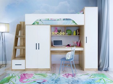 Кровать-чердак в детскую с шкафом Тея, каркас Ясень, фасад Белый в Ижевске