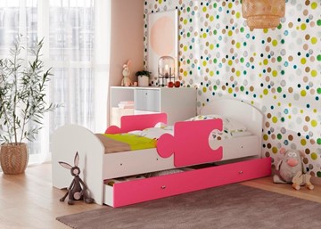 Детская кровать с бортиками и ящиком Мозайка, корпус Белый/фасад Розовый (ламели) в Сарапуле