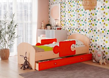 Кровать детская с бортиками и ящиком Мозайка, корпус Млечный дуб/фасад Оранжевый (ламели) в Ижевске