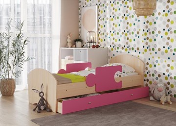 Кровать детская с бортиками и ящиком Мозайка, корпус Млечный дуб/фасад Розовый (ламели) в Сарапуле