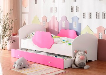 Детская кровать с бортиками Тучка с ящиком, корпус Белый, фасад Розовый в Глазове
