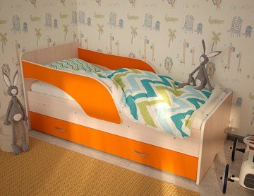 Кровать с бортиками Максимка, корпус Млечный дуб, фасад Оранжевый в Сарапуле