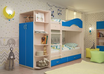 Детская 2-ярусная кровать Мая на щитах со шкафом и ящиками, корпус Млечный дуб, фасад Синий в Глазове