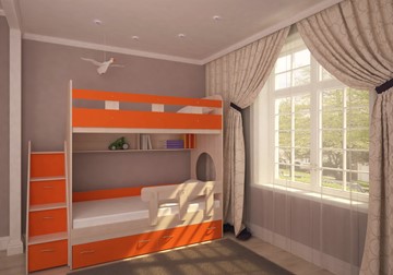 Двухъярусная кровать Юниор-1 с бортом, каркас Дуб, фасад Оранжевый в Сарапуле - предосмотр