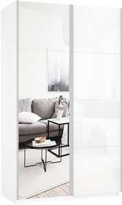 Шкаф двухдверный Прайм (Зеркало/Белое стекло) 1400x570x2300, белый снег в Глазове