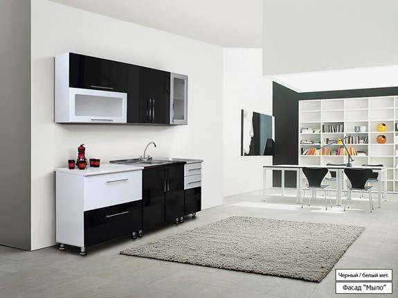 Гарнитур на кухню Мыло 224 2000х718, цвет Черный/Белый металлик в Ижевске - изображение