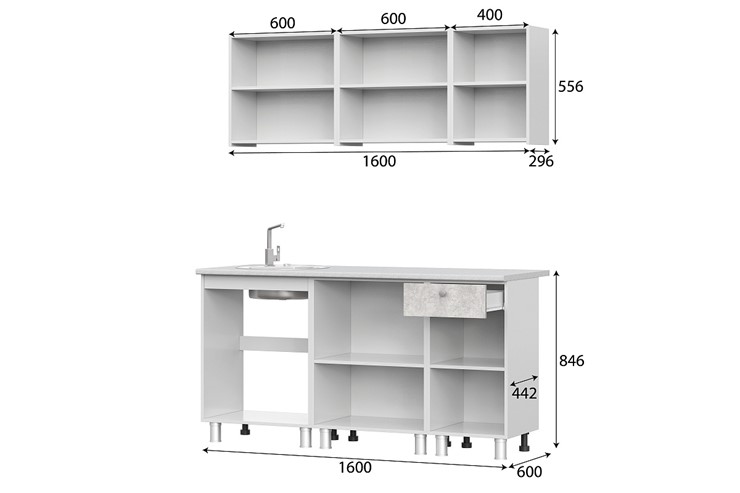 Гарнитур на кухню КГ-1 1600, белый/белый/цемент светлый/антарес в Сарапуле - изображение 2