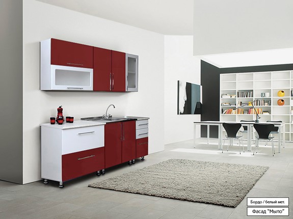 Модульный кухонный гарнитур Мыло 224 2000х718, цвет Бордо/Белый металлик в Глазове - изображение