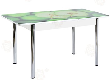 Обеденный раздвижной стол Айсберг-02 СТФ, белое лдсп/зеленые яблоки/ноги хром прямые в Сарапуле