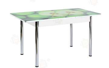 Обеденный раздвижной стол Айсберг-01 СТФ, белый/фотопечать зеленые яблоки/ноги хром круглые в Глазове