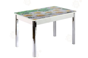 Кухонный стол раскладной Айсберг-01 СТФ, дуб/фотопечать ромашки/ноги хром квадратные в Сарапуле