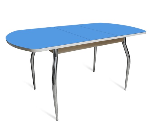 Кухонный раскладной стол ПГ-01 СТ2, дуб молочный/синие стекло/35 хром гнутые металл в Сарапуле - изображение