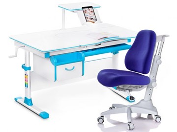 Комплект растущая парта + стул Mealux EVO Evo-40 BL (арт. Evo-40 BL + Y-528 SB) / (стол+полка+кресло) / белая столешница / цвет пластика голубой в Глазове