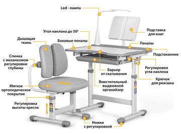 Комплект из растущего стола и кресла Mealux EVO BD-23 Grey в Сарапуле - предосмотр 1